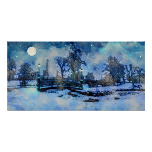 Malerei der Winternacht im Stadtpark Poster