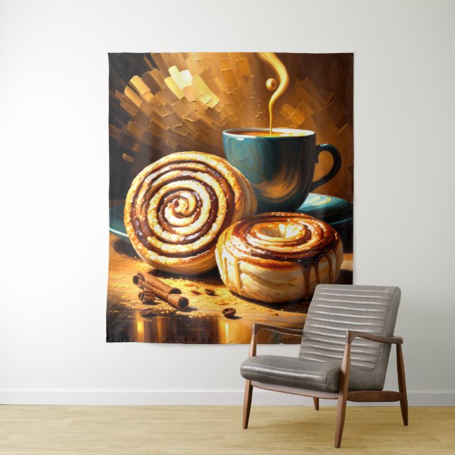 Malerei des Kaffeecups und der Zimtwalzen Abstrakt Wandteppich (Beispiel)