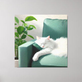 Malerei des Katzenschläfens auf einem grünen Sofa Leinwanddruck