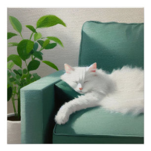 Malerei des Katzenschläfens auf einem grünen Sofa Poster