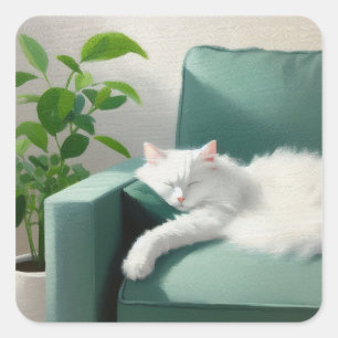 Malerei des Katzenschläfens auf einem grünen Sofa Quadratischer Aufkleber