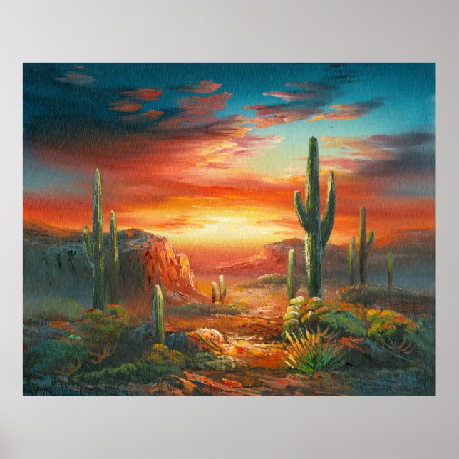 Malerei einer farbenfrohen Wüste Sonnenuntergangsm Poster (Vorne)