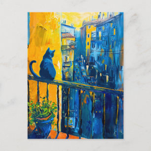 Malerei einer Katze auf dem Balkon Railing Stadt Postkarte