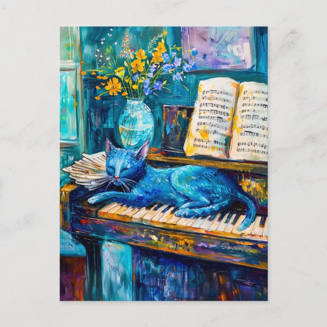 Malerei einer Katze Schlafen auf Piano Postkarte (Vorderseite)