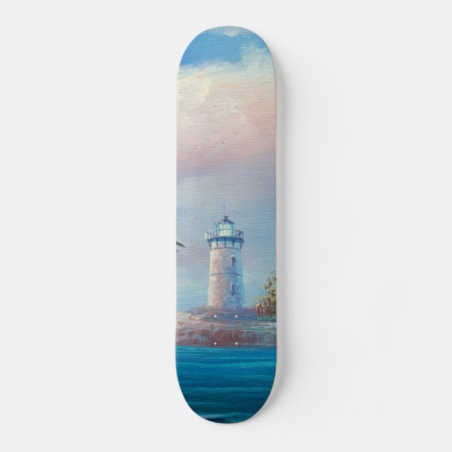 Malerei einer Seemöwe, die nahe einem Leuchtturm Skateboard (Vorderseite)