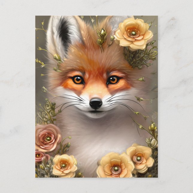 Malerei eines Fuchses zwischen Blume Postkarte (Vorderseite)