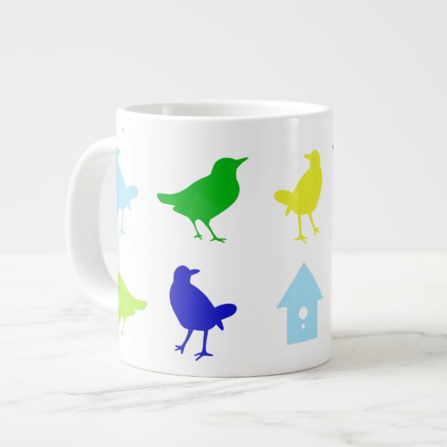 Malerei von farbigen Vögeln durch Chariklia Zarris Jumbo-Tasse (Vorderseite Links)