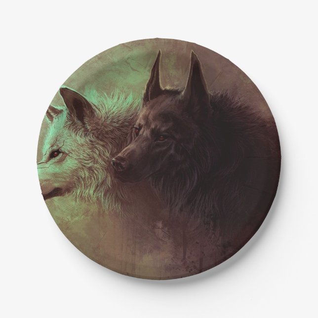 Malerei von schwarzem Wolf und weißem Wolf. Pappteller (Vorderseite)