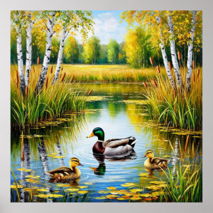 Maleriischer Teich mit schwimmenden Enten Poster