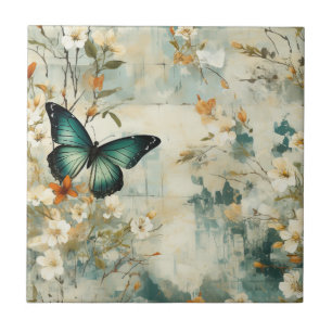 Malerisch Teal Schmetterling Floral Salbei Terrako Fliese