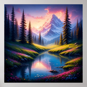 Malerische Berglandschaft mit See Reflexionen Poster
