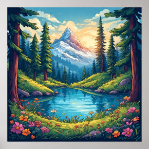 Malerische Berglandschaft mit See Reflexionen Poster
