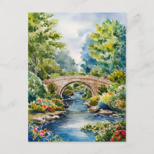 Malerische Kunstlandschaft Grüne Gartenbrücke See Postkarte