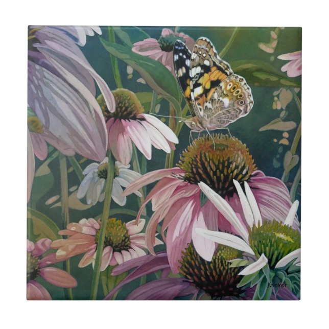 Malerische Lady Butterfly Coneflowers Wasserfarben Fliese (Vorderseite)