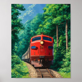 Malerische rote Lokomotive Zug Bergwald Poster