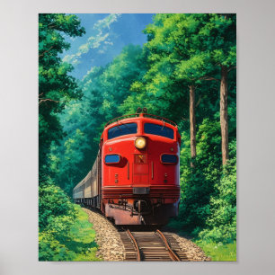 Malerische rote Lokomotive Zug Bergwald Poster