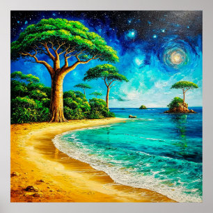 Malerische Strand mit lebendigem blauen Himmel Poster