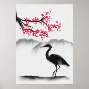 Malerische Wall Art mit Sakura und Heron Poster