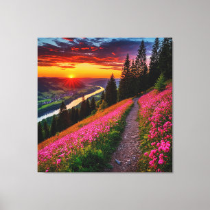 Malerischer Bergsonnenuntergang mit Wildblumen Leinwanddruck