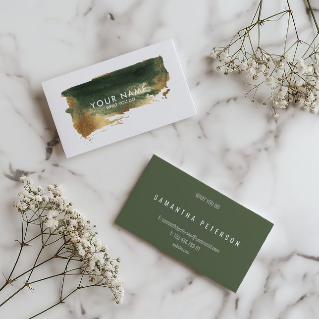 Malerischer Spritzer mit Gold Visitenkarte (Olive green watercolor brush business card with modern white text.)