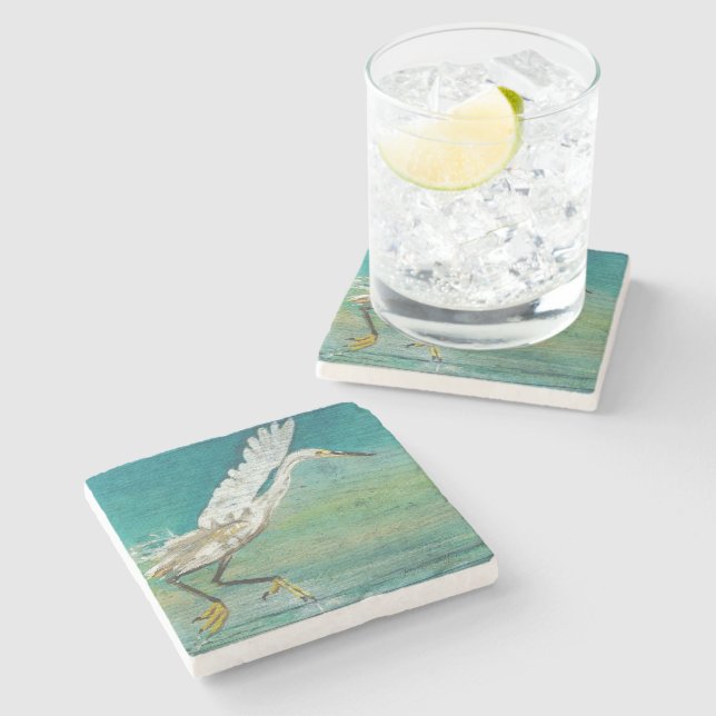 Malerisches Egret Shorebird Beach House Art Steinuntersetzer (Seitenansicht)