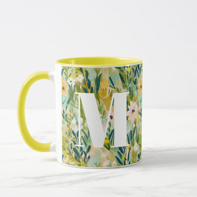 Malerisches grünes Blumen-Wasserfarbmuster-Monogra Tasse (Links)