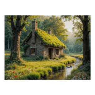 Malerisches Steinhaus am Wald Bach Poster