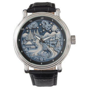 Malerisches Winterhäuschen unter dem Sternenhimmel Armbanduhr