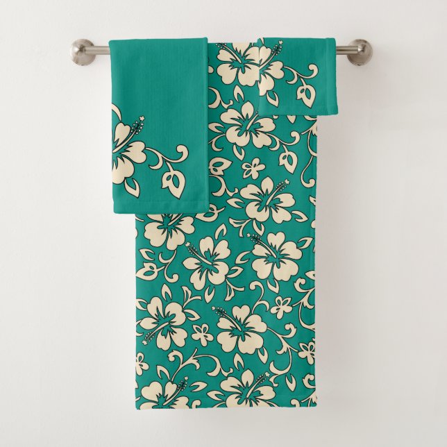 Malia Hawaiian Hibiskus Floral Coordinate - Jade Badhandtuch Set (Insitu)