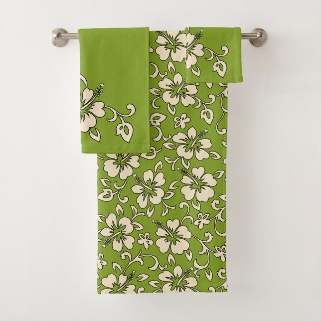 Malia Hawaiian Hibiskus Floral Coordinate - Olive Badhandtuch Set (Insitu)