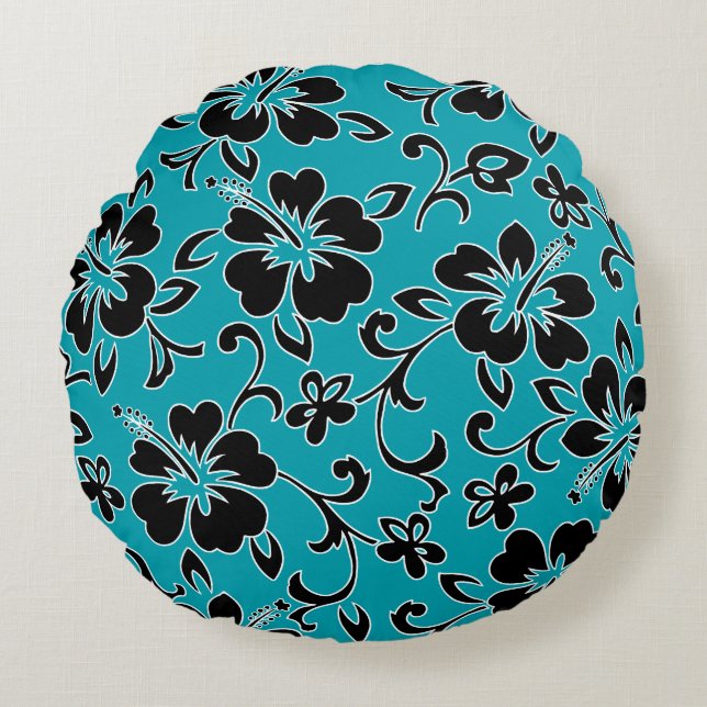 Malia Hibiskus Hawaiian Pareau Print Rundes Kissen (Vorderseite)