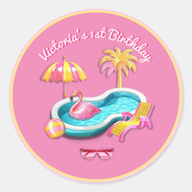 Malibu Beach Doll Retro Birthday Pool Party Runder Aufkleber (Vorderseite)