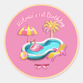 Malibu Beach Doll Retro Birthday Pool Party Runder Aufkleber