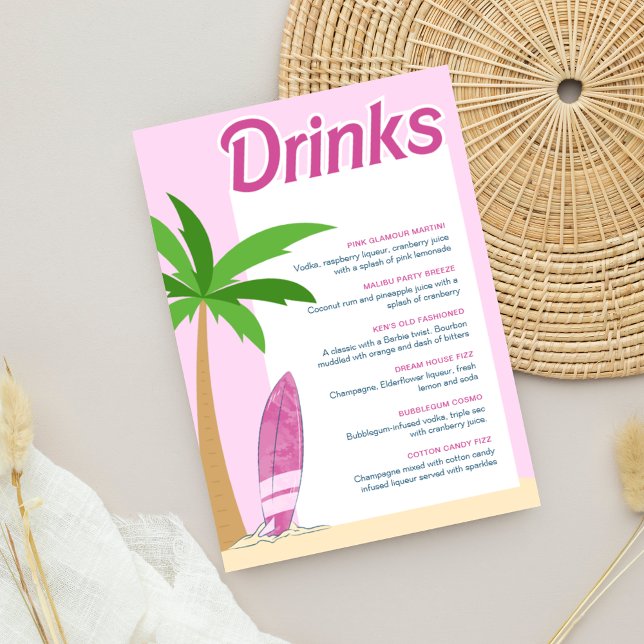 Malibu Beach Pink Party Bachelorette Cocktail Menu Poster (Malibu Beach Party Bar Menu with cocktail menu included.)
