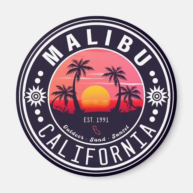 Malibu Ca Retro Sonnenuntergang Palmen Bäume Souve Magnet (Vorne)