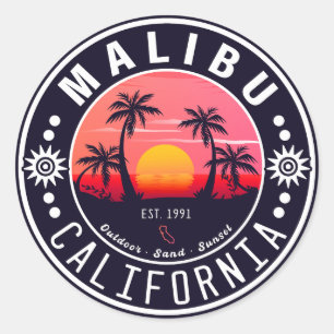 Malibu Ca Retro Sonnenuntergang Palmen Bäume Souve Runder Aufkleber