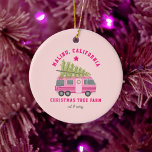 Malibu California Christmas Tree Farm Pink RV Keramik Ornament<br><div class="desc">Illustration of a pink RV with Christmas tree strapped to top.  Text says,  "Malibu California Christmas Tree Farm Cut & Carry"  Background is light pink.</div>