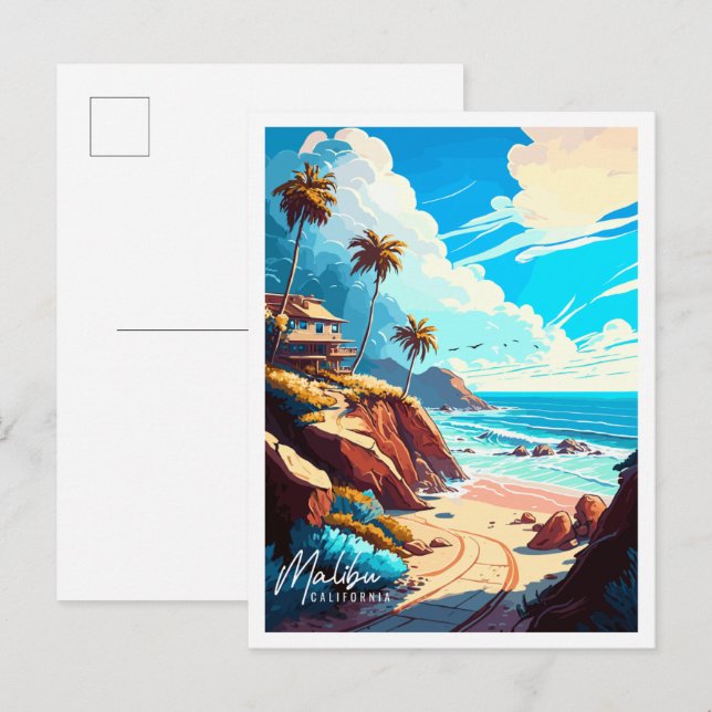 Malibu California Vintage Illustration Postkarte (Vorne/Hinten)
