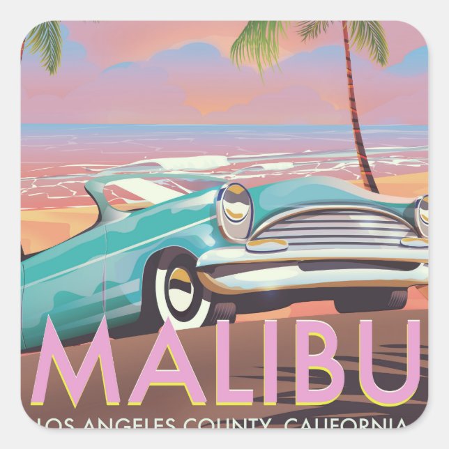 Malibu, Los Angeles, Kalifornien, Reiseplakat Quadratischer Aufkleber (Vorderseite)