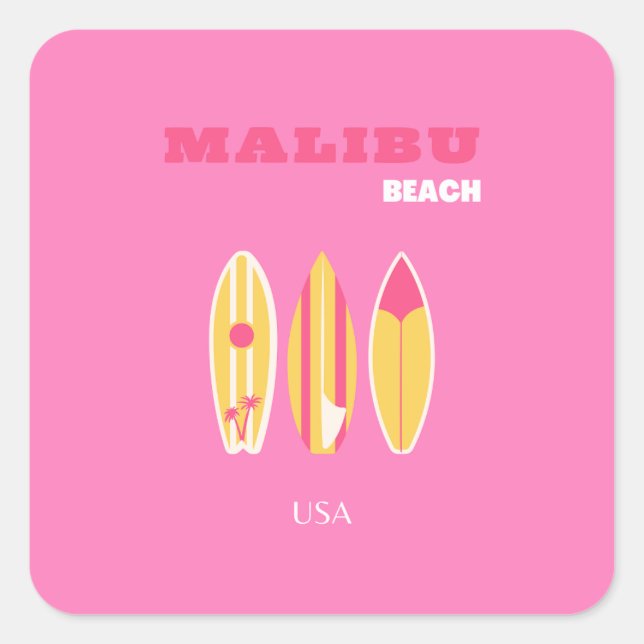 Malibu, Malibu Beach, Kalifornien, Preppy, Pink Quadratischer Aufkleber (Vorderseite)