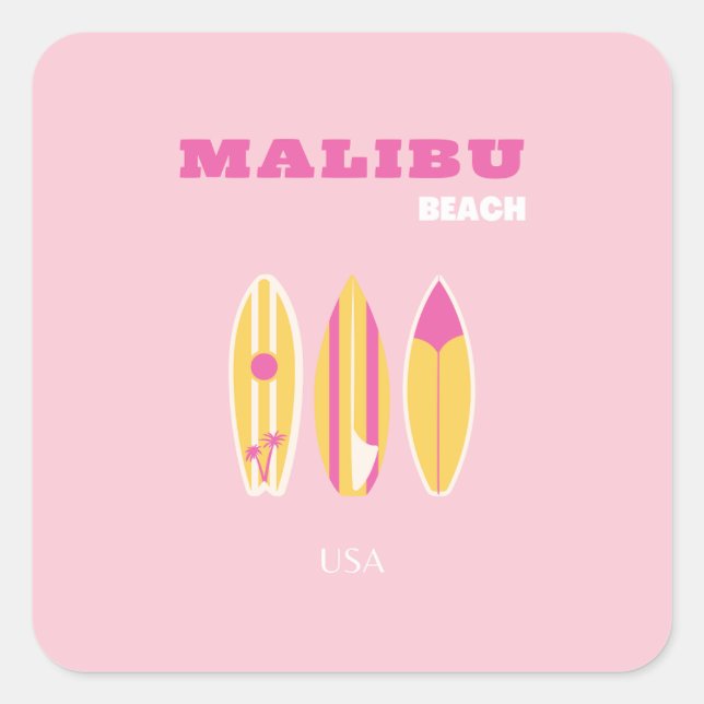 Malibu, Malibu Beach, Preppy, Pink Quadratischer Aufkleber (Vorderseite)