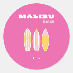 Malibu, Malibu Beach, Travel Art, Preppy, Pink Runder Aufkleber