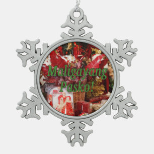 Maligayang Pasko! Frohe Weihnachten in Tagalog gf Schneeflocken Zinn-Ornament