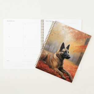 Malinois belge dans les feuilles d'automne qui tom