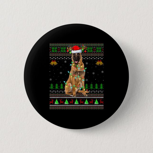 Malinois Hund hässliche Weihnachtspullover Feierta Button (Vorderseite)