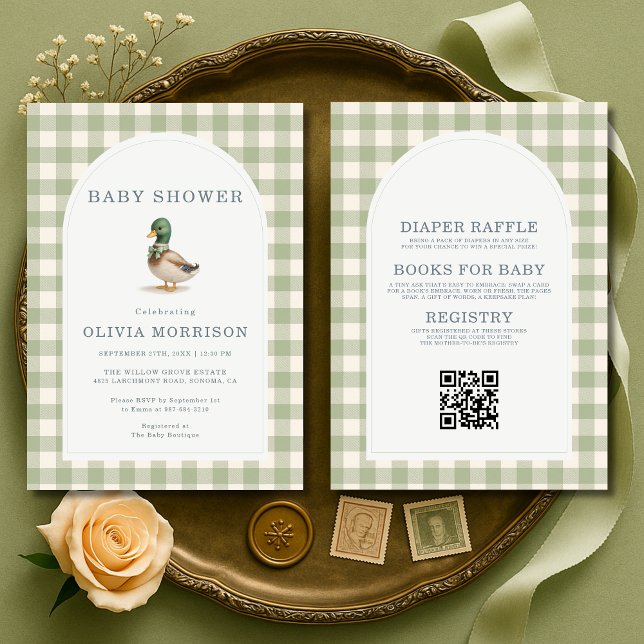 Mallard Duck Gingham All in One Baby Shower Einladung (Von Creator hochgeladen)