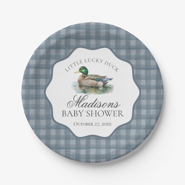 Mallard Duck Hunting Blue Gingham Boy Baby Shower Pappteller (Vorderseite)