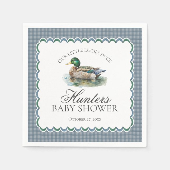Mallard Duck Hunting Blue Gingham Boy Baby Shower Serviette (Vorderseite)