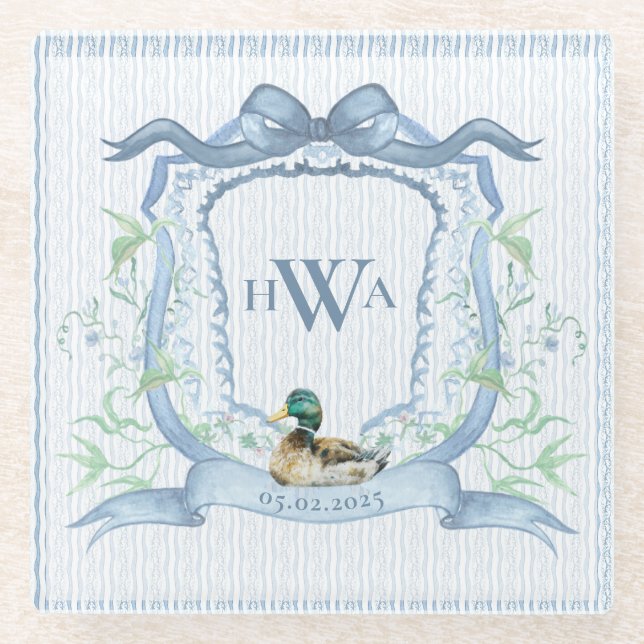 Mallard Duck Monogram Grandmillennial Glasuntersetzer (Vorderseite)