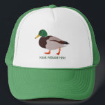 Mallard Duck Realistische Illustration Personalisi Truckerkappe<br><div class="desc">Erstellen Sie ein personalisiertes Geschenk, das sich perfekt für Vogelliebhaber eignet, wenn Sie ihren Namen oder Ihre eigene persönliche Nachricht zu diesem LKWs Hut hinzufügen. Es zeigt eine realistische Darstellung einer männlichen Mallardente in grün und braun mit einem Namen oder einem anderen Text zur Koordination der grünen Schrift.</div>
